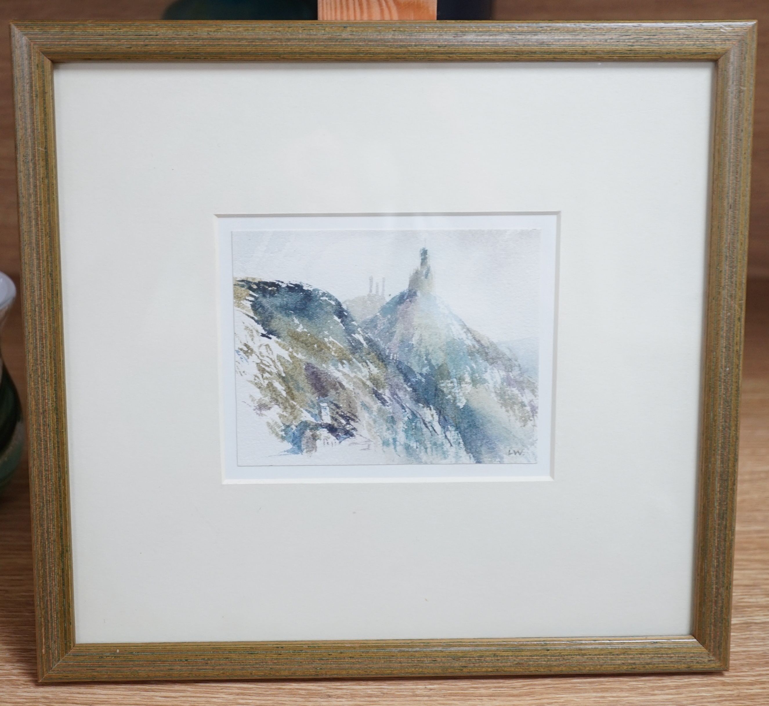 Leslie Worth, Castle on the Rhine, watercolour, signed initials, 9 x 11.5cm